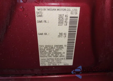 2016 Nissan Altima 2.5/2.5 S/2.5 Sl/2.5 Sr/2.5 Sv from USA, damaged, VIN 1N4AL3AP9GN335365